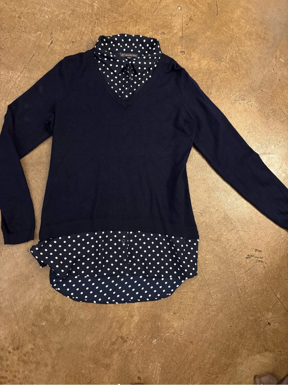 Adrianna Papell Navy Layered V-Neck Sweater with White Polka Dot Shirt Detail